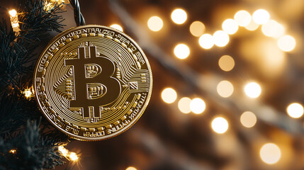 golden bitcoin ornament hanging on christmas tree with bokeh lights