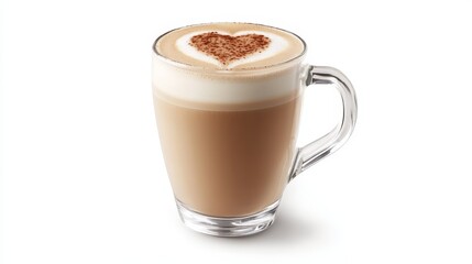 Obraz premium A frothy vanilla latte with a heart-shaped foam design, served in a glass cup, isolated on a white background
