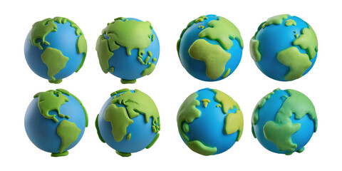 Colorful Cartoon Earth Globes with Green Landmasses, PNG collection, set bundle, isolate on transparent or white background