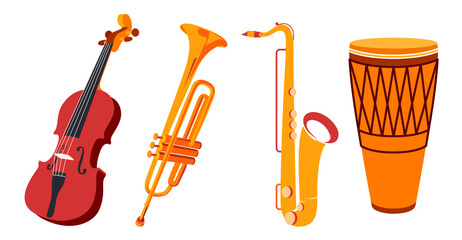 instrumen musik jass karaokevector jass karaoke musical instruments in a simple style. There are violins, trumpets and drums. Classical musical instrument