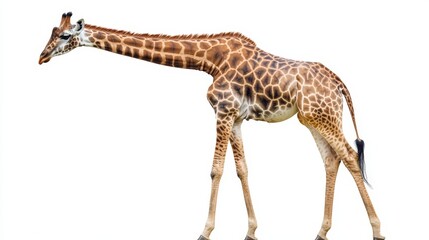 Fototapeta premium A giraffe with its long neck extended, standing gracefully, isolated on a white background