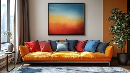 Home interior poster mockup with a wooden frame, ready for modern decor product designs.
