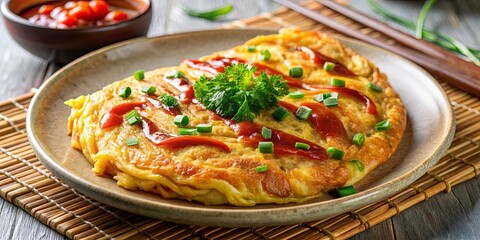Savory Egg Pancake with a Savory Sauce and Fresh Green Garnish on a Rustic Plate