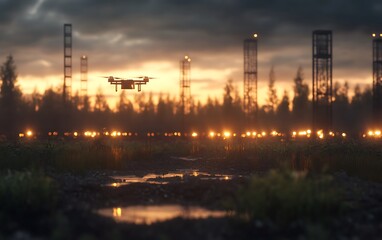 Obraz premium A drone flies over an industrial landscape at sunset, surrounded by oil rigs and a tranquil, reflective pond amidst lush greenery.