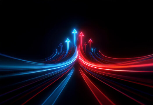 Red and blue glowing arrows point upward as a representation of growth and advancement. They are positioned on a black background with streaks of light behind them, which imply speed.