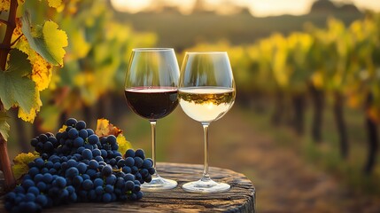 A serene vineyard scene with red and white wine glasses alongside fresh grapes, perfect for wine enthusiasts and nature lovers.