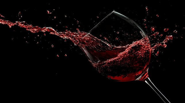 Dynamic splash of red wine frozen in motion, showcasing elegance and vigor against a dark background.