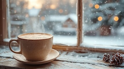 Obraz premium Hot coffee cup on a vintage windowsill, looking out at a snowy landscape, ideal for cozy winter or Christmas designs.