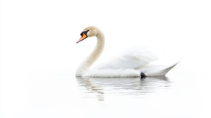 A graceful swan floating calmly with its neck arched, isolated on a white background
