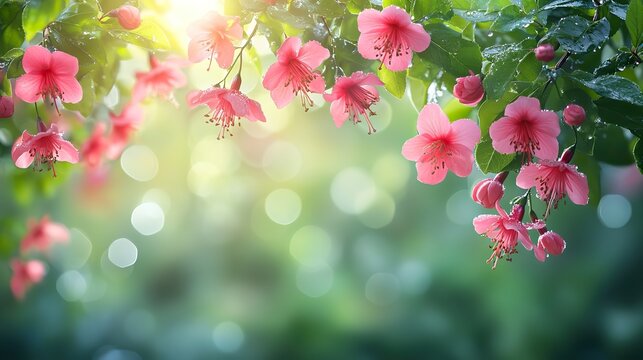 Hummingbird fuchsia flower on a blurred green background, perfect for a tropical floral spring design or rainy day scene.