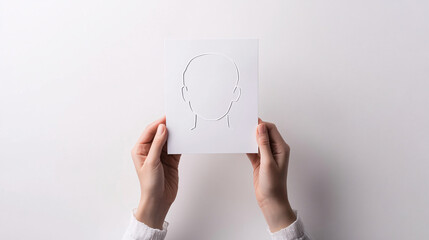 person holding white card with outline of face and white background