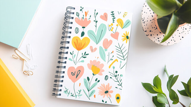 flatlay of notebook with floral design and houseplant on white table with yellow and blue paper