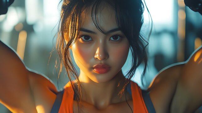 A keyshot of an Asian woman using resistance bands for leg exercises, legs in mid-lift, focused expression, gym equipment softly blurred in the background, realistic lighting highlighting muscle tone,