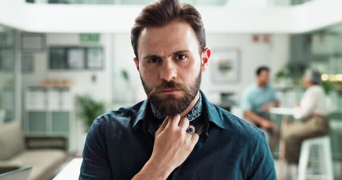 Confident, thinking and face of business man in office for creative director, artist consultant or vision. Gallery curator, memory and startup founder with portrait of person in agency for reflection
