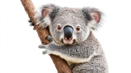 A koala clinging to a tree branch, with soft fur and big eyes, isolated on a white background