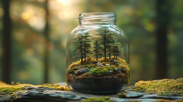 Landscape with trees in a glass bottle, promoting eco-friendly therapy methods for relaxation.