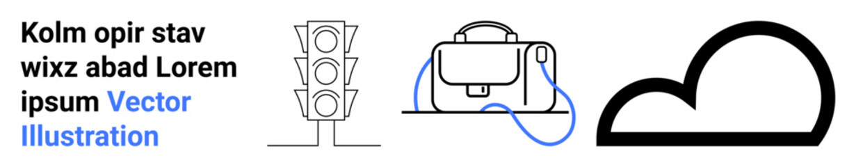 Traffic light, travel bag with blue strap, and cloud icon in minimalist style. Ideal for travel, transport, technology, web design, education, presentations, branding. Landing page