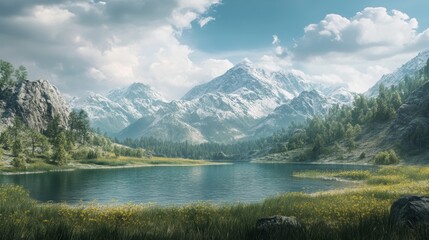 Naklejka premium A beautiful mountain range with a lake in the foreground. - ai