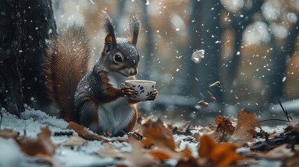 Charming Squirrel Enjoying Herbal Tea in a Snowy Forest - Perfect Poster for Cozy and Nature-Themed Interiors