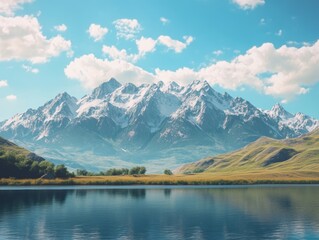 Fototapeta premium A beautiful mountain range with a lake in the foreground. - ai