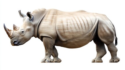 Obraz premium A massive rhinoceros with its horn prominently displayed, standing firmly, isolated on a white background