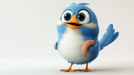 Fototapeta premium A cute blue cartoon bird with big eyes holds a worm in its hand.