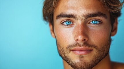 Obraz premium Man with lifted skin after a cosmetic procedure on a light blue background, promoting anti-aging skincare for men.