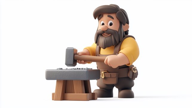 A 3D cartoon blacksmith with a beard and a yellow shirt, using a hammer to work metal on an anvil.