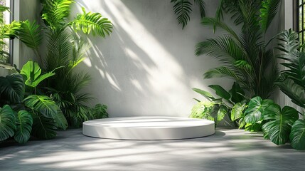 Minimalist white podium with shadows and tropical leaves, promoting product presentations.