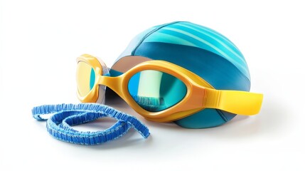A pair of swimming goggles and a swim cap, isolated on a white background