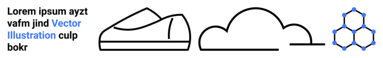 Geometric mountain, curved cloud, and hexagonal pattern beside text with certain letters in blue. Ideal for abstract designs, modern themes, tech projects, minimalistic art, infographics, educational