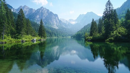 Fototapeta premium A peaceful mountain lake surrounded by pine trees, the water so clear that the reflection of the mountains is undisturbed, creating a picture-perfect scene