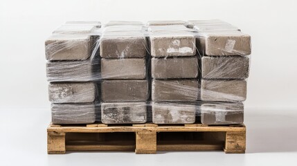 A pallet of cinder blocks wrapped in plastic, isolated on a white background