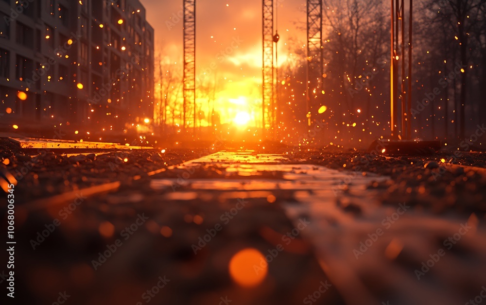 Aufkleber A stunning sunset illuminates a construction site, casting warm light and creating a mystical atmosphere as dust particles shimmer in the air.