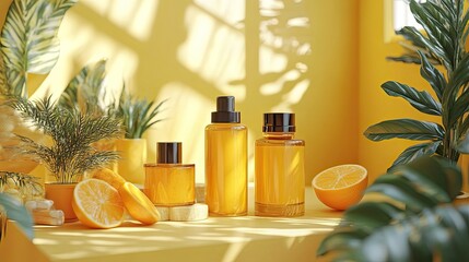 Mockup design featuring cosmetics and dietary supplements on a yellow background, perfect for branding health and beauty products.