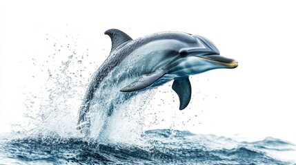 A playful dolphin mid-leap, splashing water as it jumps, isolated on a white background