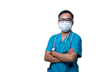 A man in a blue scrubs shirt and glasses is wearing a mask. transparent background png