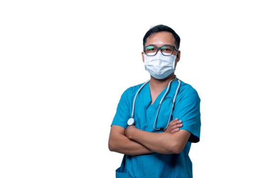 A man in a blue scrubs shirt and glasses is wearing a mask. transparent background png
