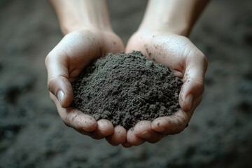 Farmer’s hands holding soil or freshly harvested crops against a plain backdrop, with copyspace around the edges