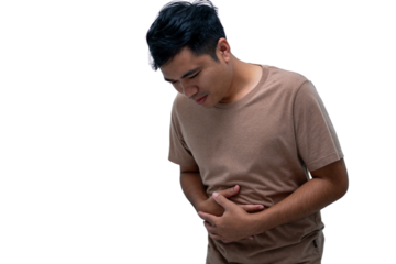 A man with a stomachache is wearing a brown shirt. transparent background png