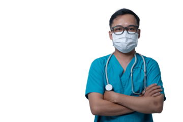 A man in a blue scrubs shirt and glasses is wearing a mask. transparent background png