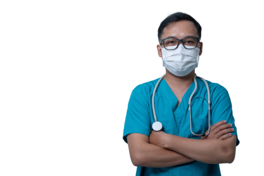 A man in a blue scrubs shirt and glasses is wearing a mask. transparent background png