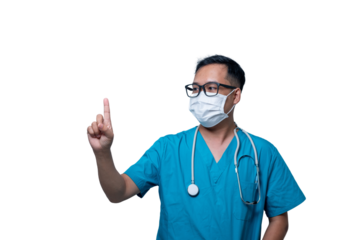 A man in a blue scrubs is pointing at something with his finger. transparent background png