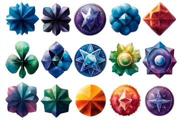 Watercolor of digital collectible icons like avatars, coins, and badges, with soft, colorful washes