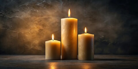 The soft glow of three burning candles against a textured background creates a serene and contemplative atmosphere.