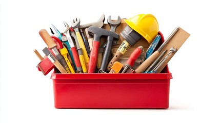 A red toolbox filled with assorted construction tools, isolated on a white background