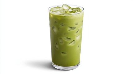 A refreshing iced matcha latte with almond milk, served in a tall glass with ice, isolated on a white background