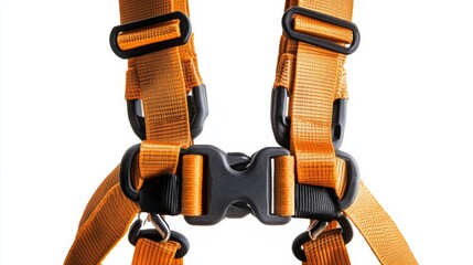 A safety harness with buckles and straps for construction work, isolated on a white background