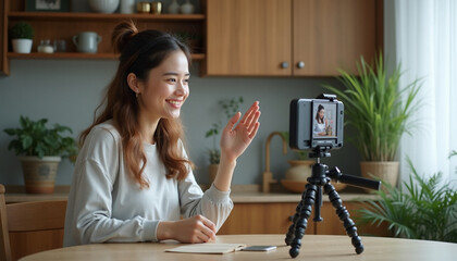 Young woman engages viewers with creative home video filming session on social media
