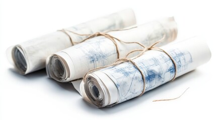 A set of blueprints rolled up and tied with a string, isolated on a white background